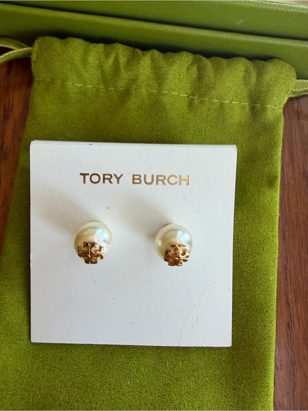 Tory Burch Pearl Stud Earrings with Gold Logo Accents